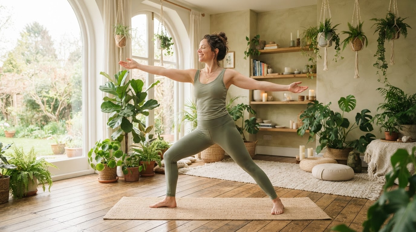 Person doing gentle stretching in a bright airy room with plants, representing joyful movement and body trust