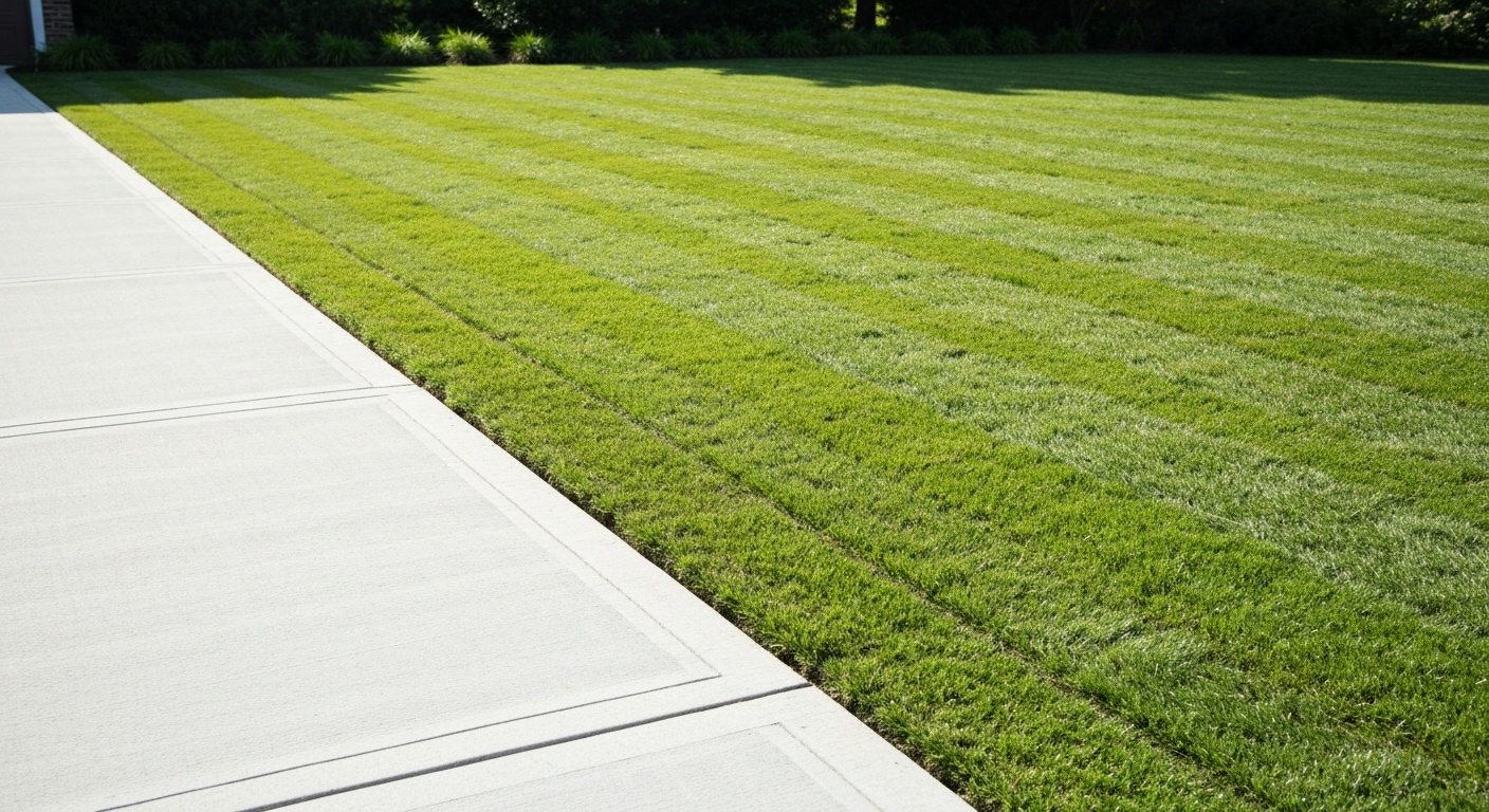 Freshly mowed lawn with clean edges along concrete