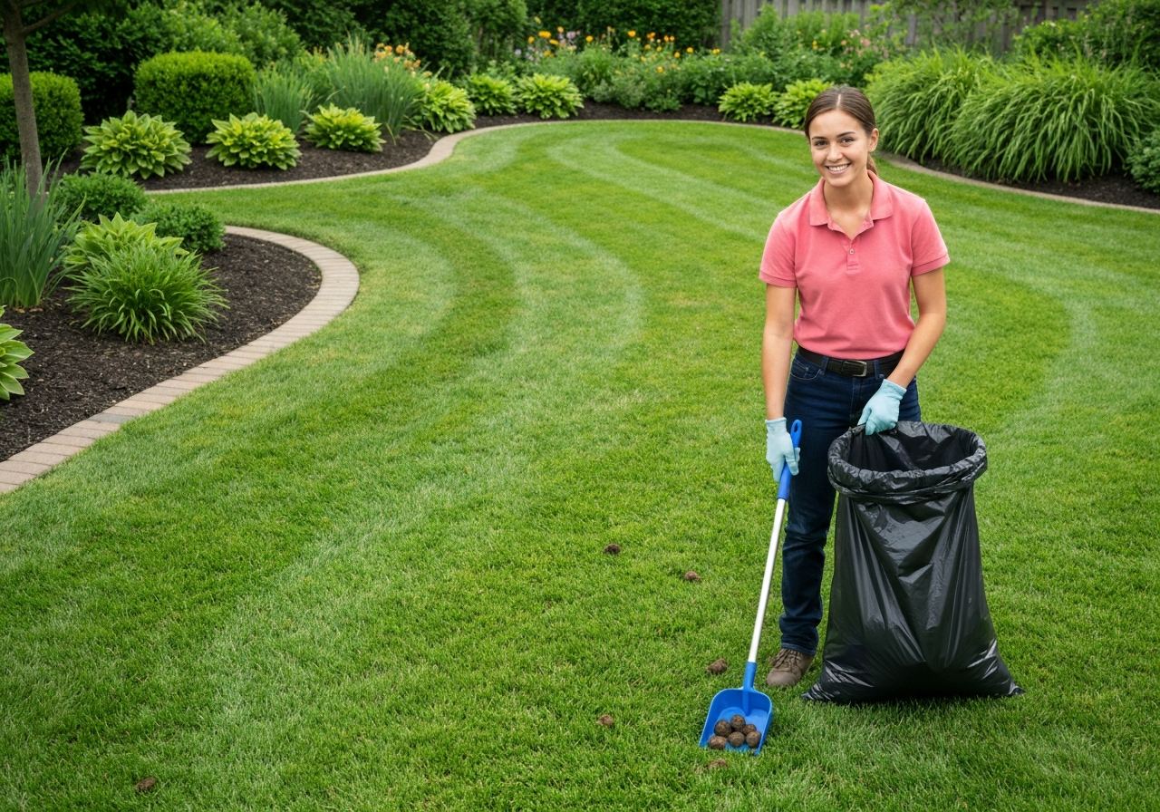 Professional scooping dog waste from clean green backyard lawn