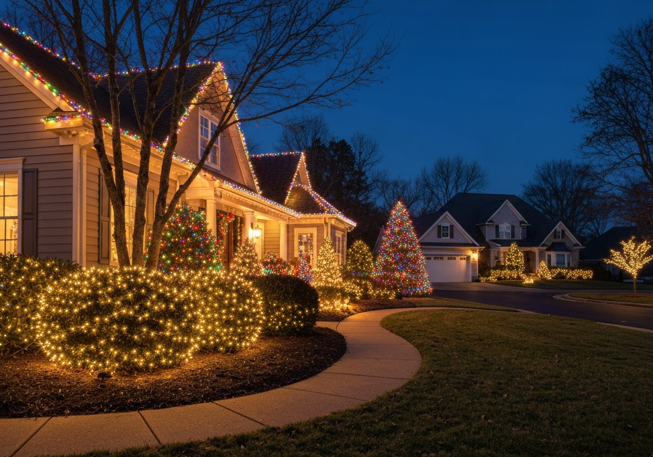 House decorated with warm white and colored holiday lights on roofline and bushes