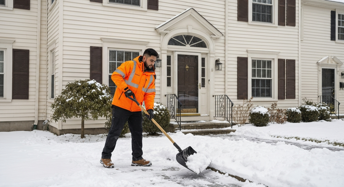 Team member shoveling a residential entranceway