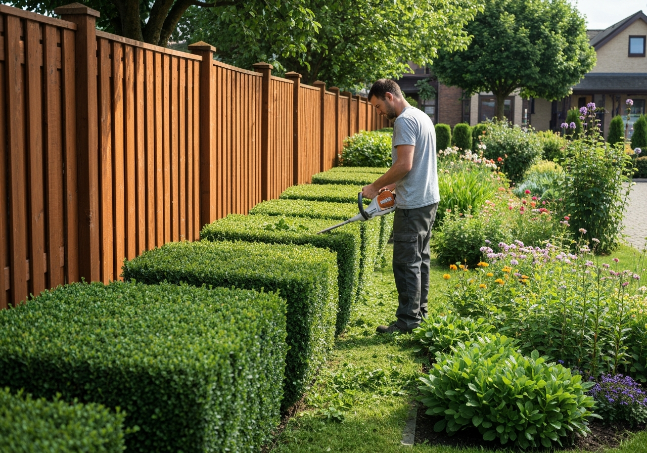 Landscaper trimming neat hedges with electric trimmer along fence