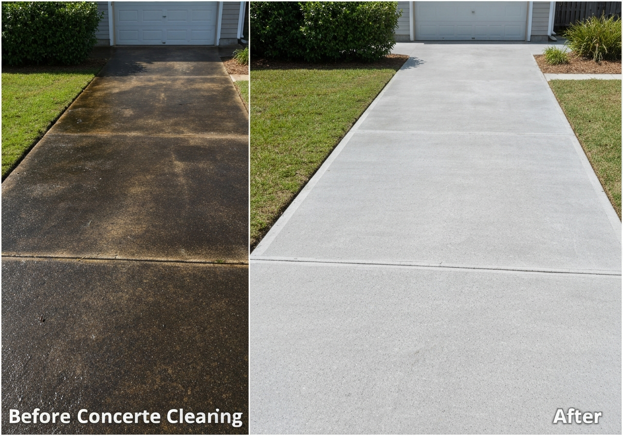 High pressure water jet cleaning dirty concrete surface before and after