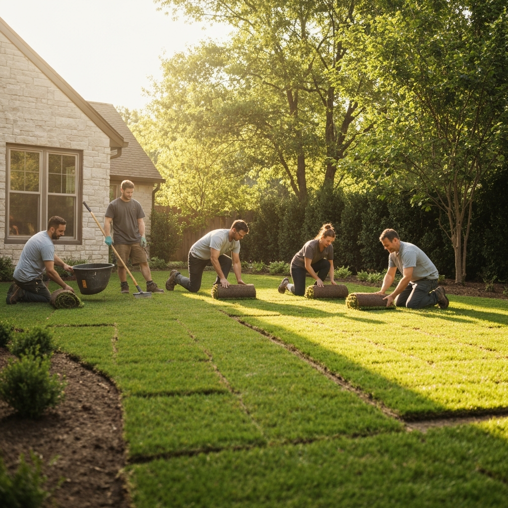 Professional crew laying fresh sod rolls