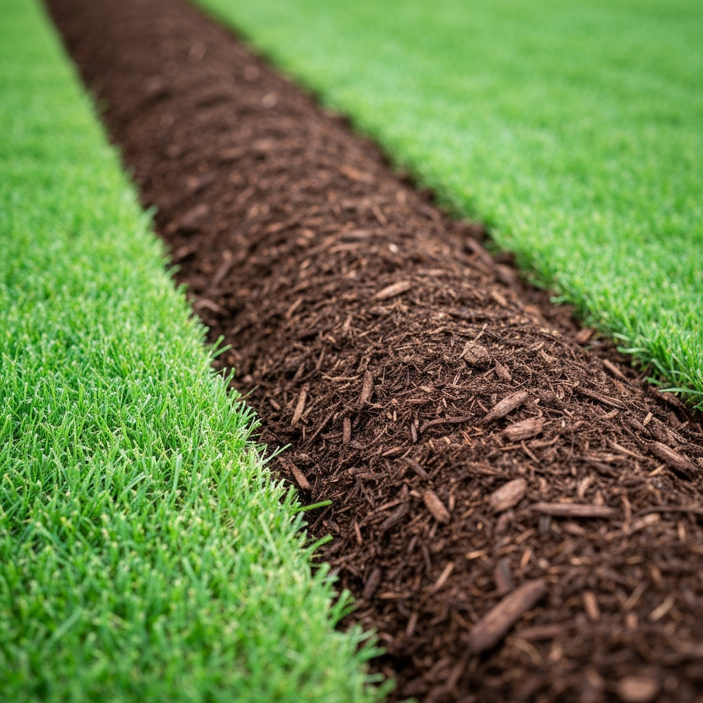 Deep brown mulch with professional trench edge