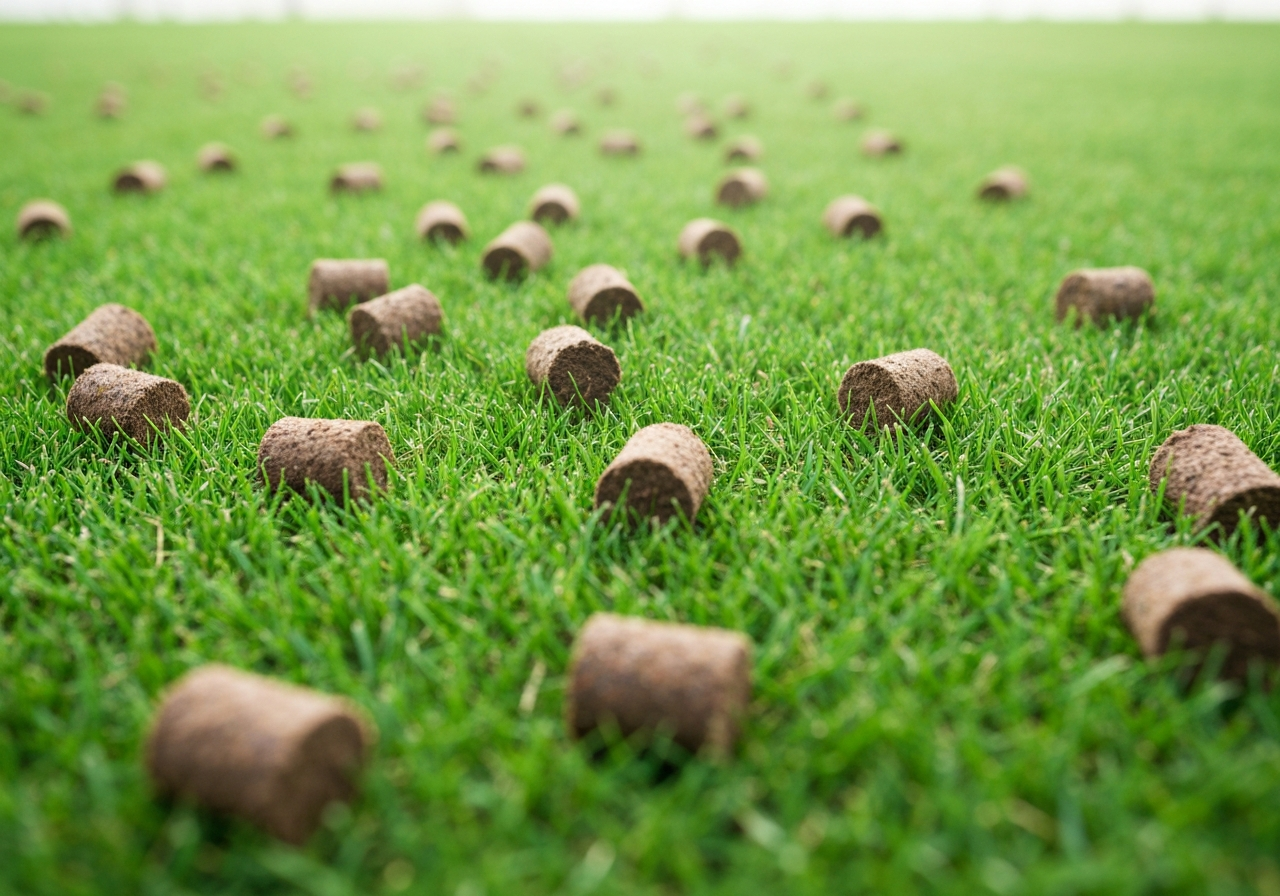 Close-up of aeration soil plugs scattered across residential lawn