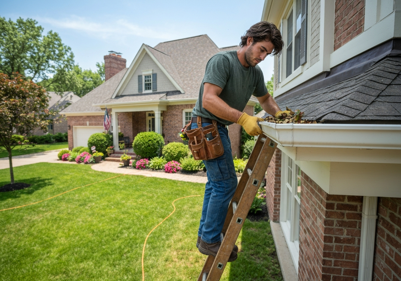 Worker on ladder cleaning gutters on suburban residential home