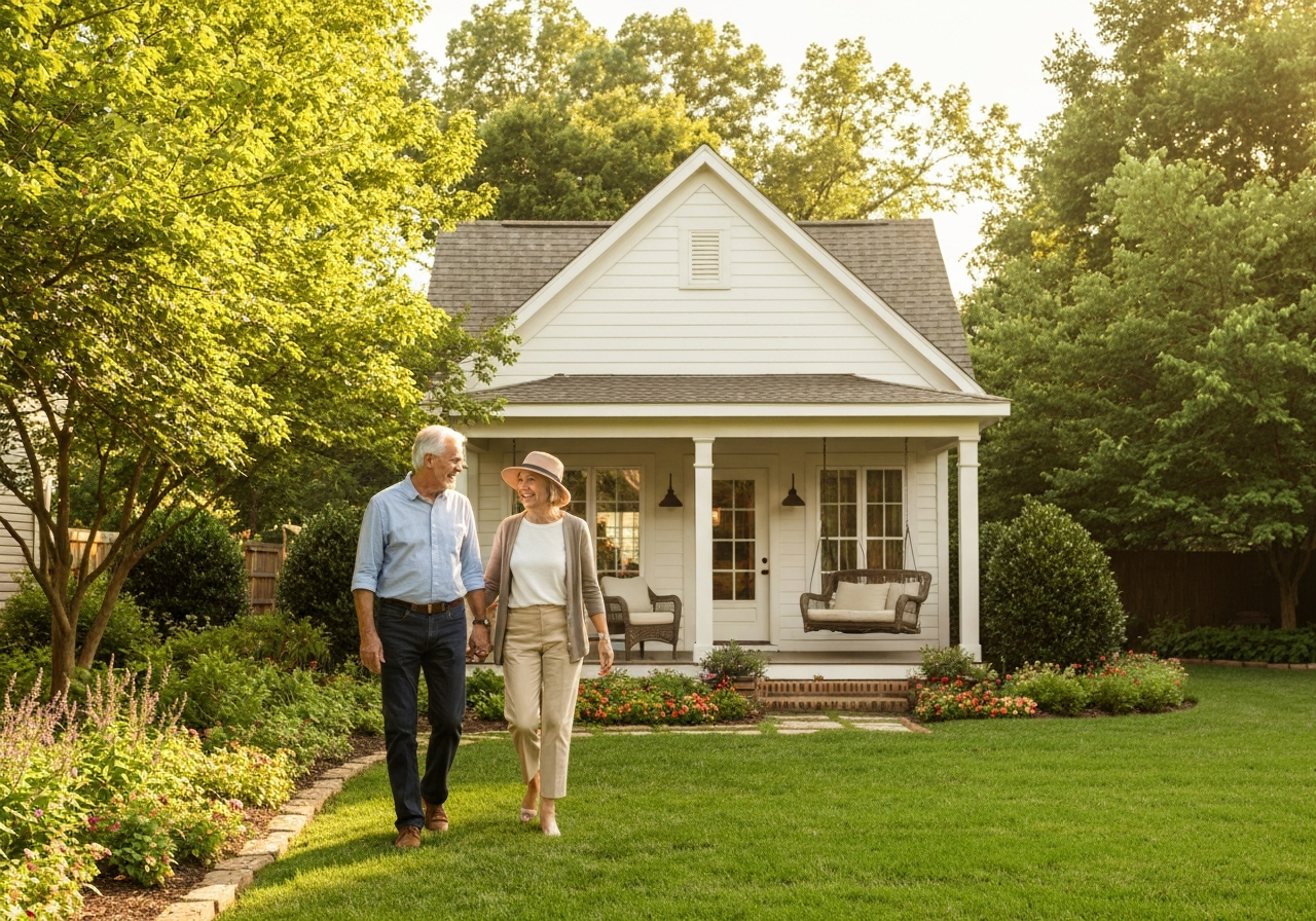 Happy homeowners walking toward their new backyard cottage