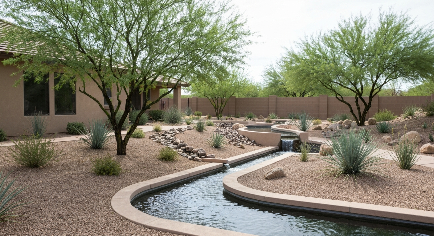 Hybrid berm and basin system in Marana — lush desert yard