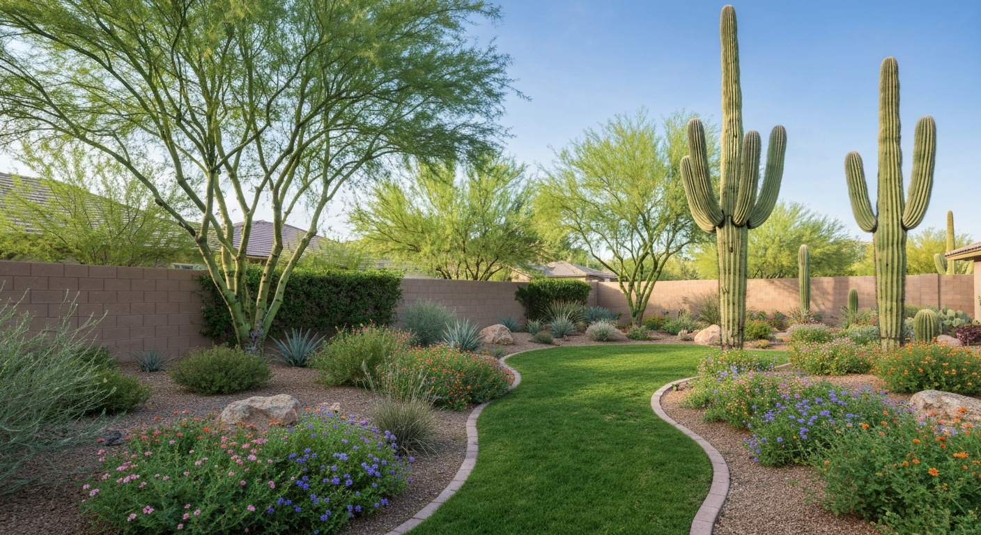 Passive earthwork system in Midtown Tucson — thriving desert landscape