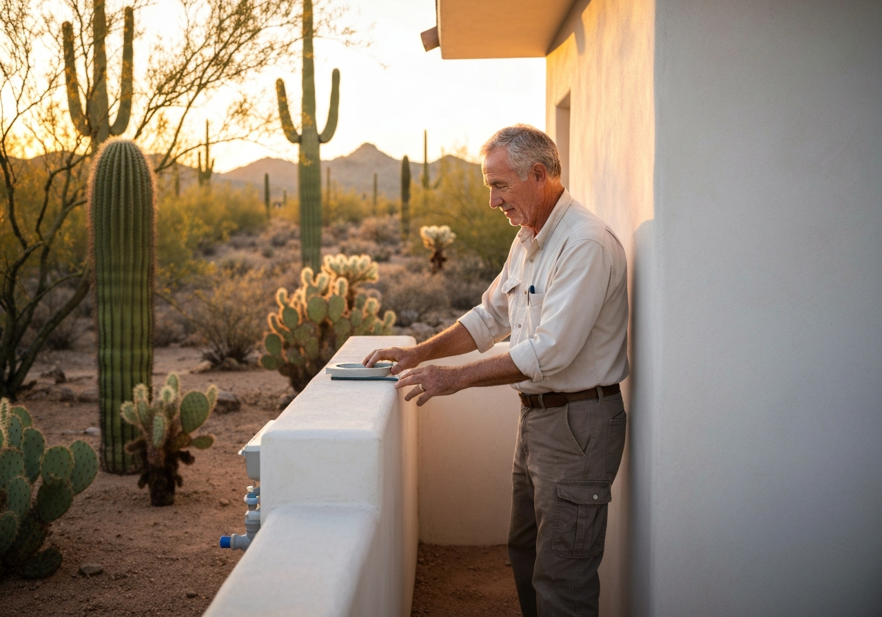 Right as Rainwater professional inspecting a cistern installation in the Sonoran Desert