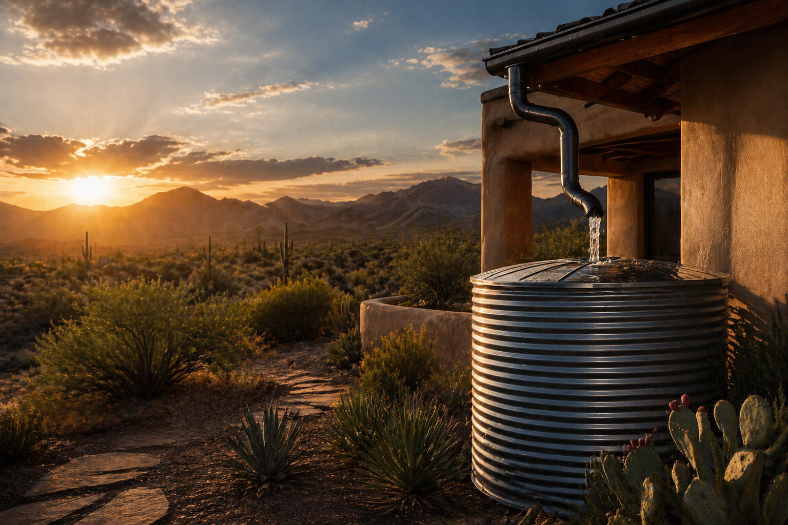 Modern desert home with rainwater harvesting system