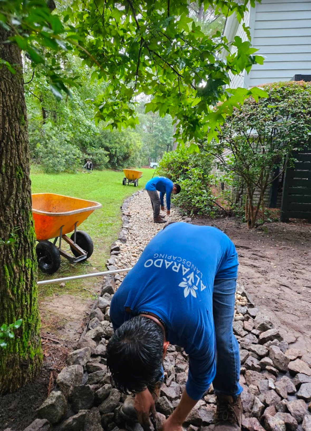 Alvarado Landscaping team working on a stone drainage project in Charleston SC