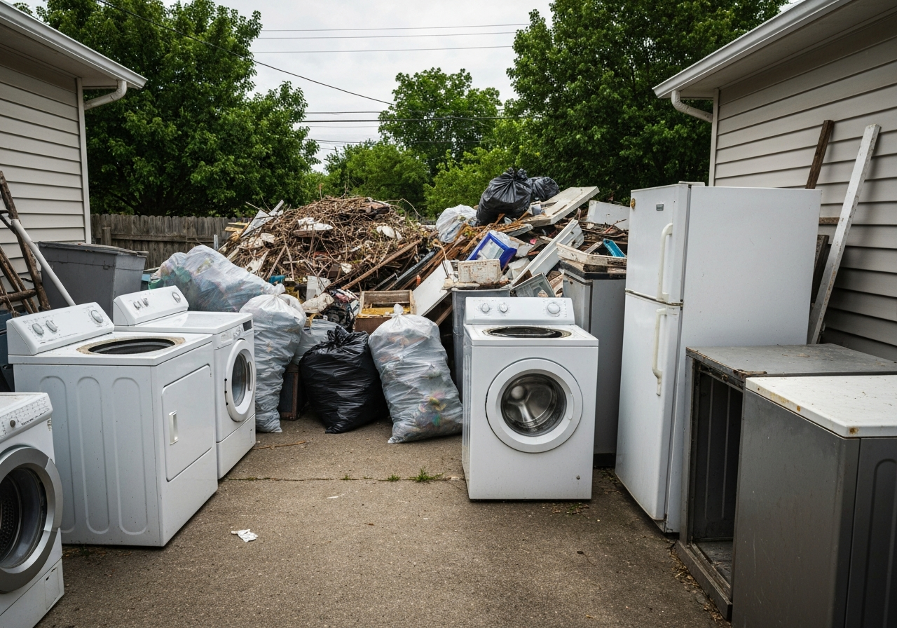 Driveway and yard cluttered with old appliances and debris before Thunder Haul