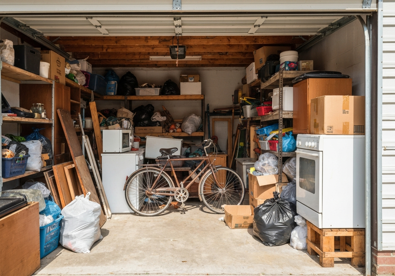Cluttered garage filled with old furniture, appliances, and junk before Thunder Haul removal