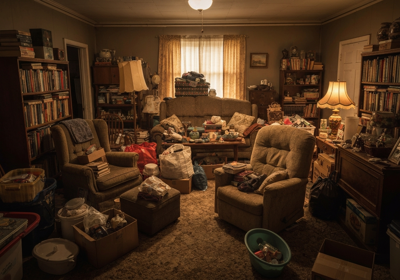 Overcrowded living room with old furniture and clutter before Thunder Haul