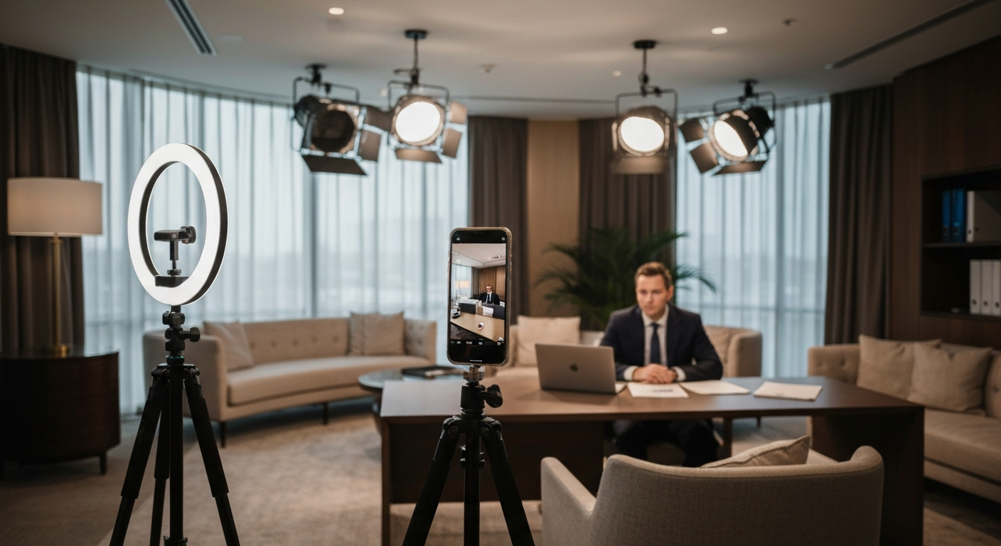 Professional mobile filming setup in a modern office