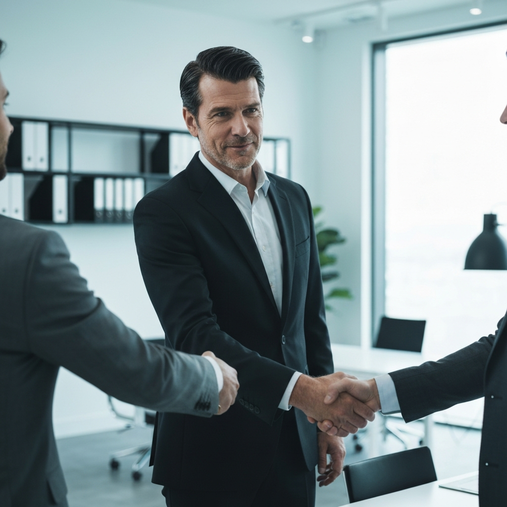 Professional confidently shaking hands, closing a deal