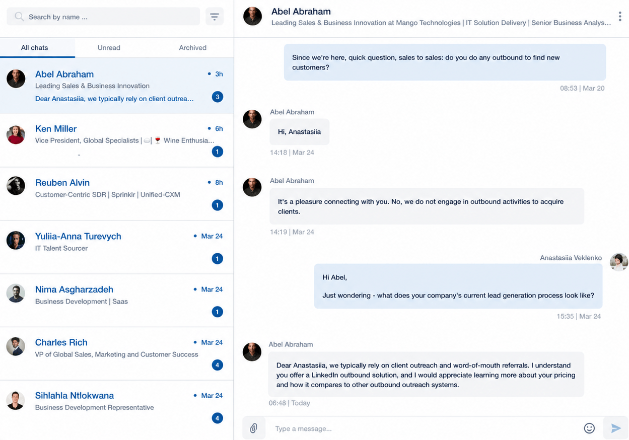 LinkedIn Inbox Mockup with Positive Replies