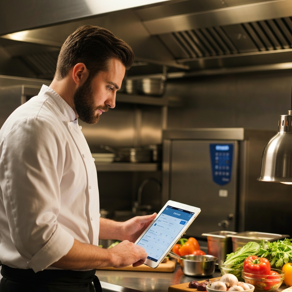 Chef looking at kitchen display system