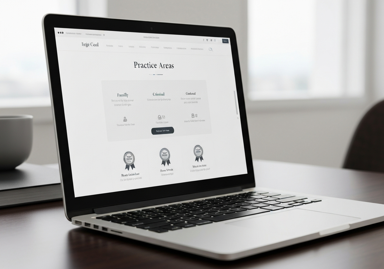 Clean desktop site with practice areas and trust signals visible