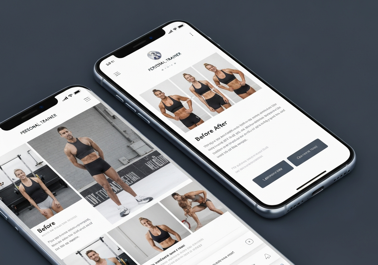 Boring stock-photo gym site vs dynamic PT site with transformation gallery