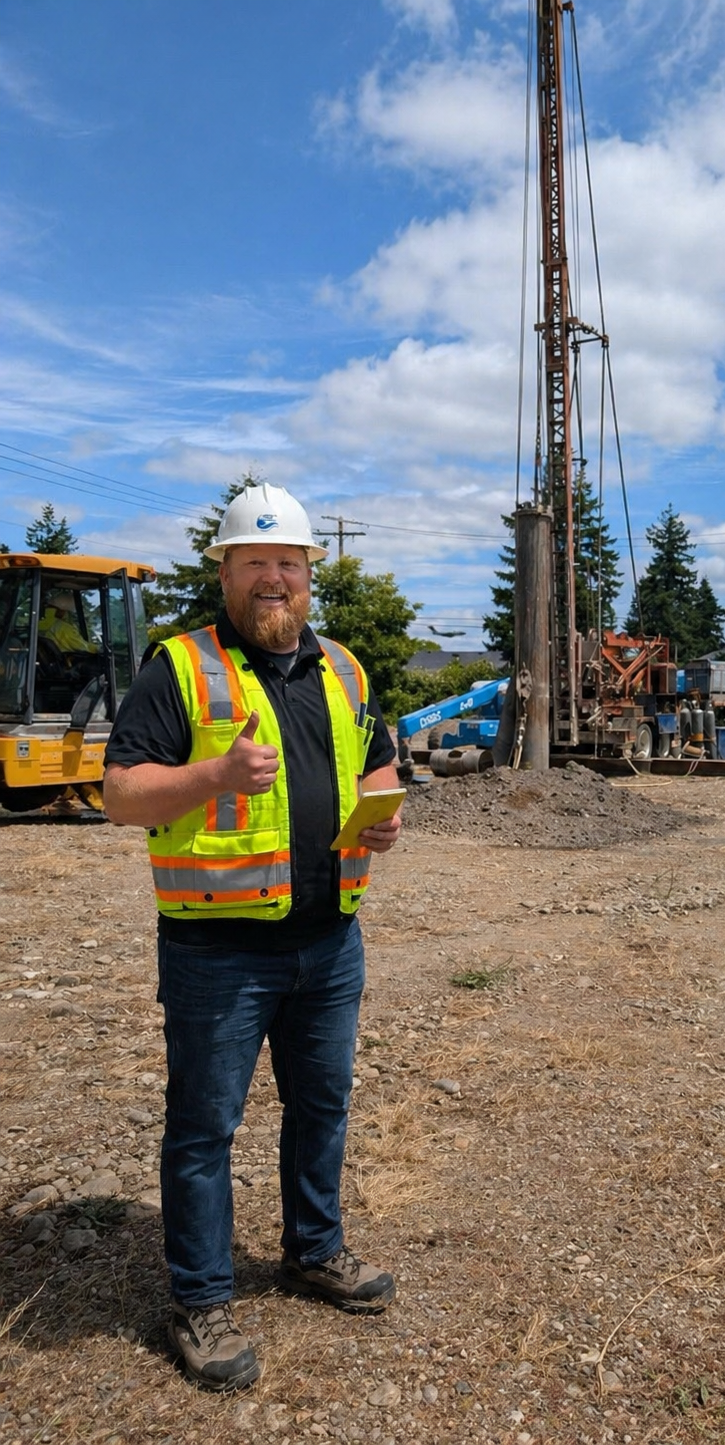 Jeremy Bush, WA Licensed Hydrogeologist #2983, standing in front of a drill rig performing professional field analysis for aquifer recharge and wellhead protection area assessments in Pierce County