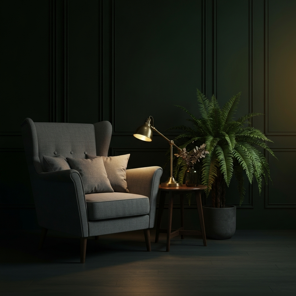 Cozy gray armchair with decorative pillows, stylish lamp, and potted fern in a dark green room, illustrating intentional design and color choices for a welcoming home environment.