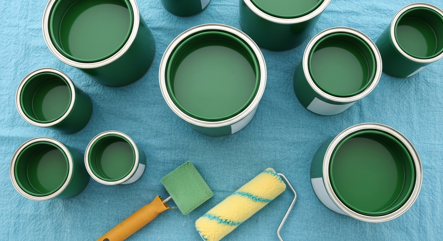 Green paint cans and rollers arranged on a blue surface, symbolizing colour consulting and design preparation for enhancing spaces.