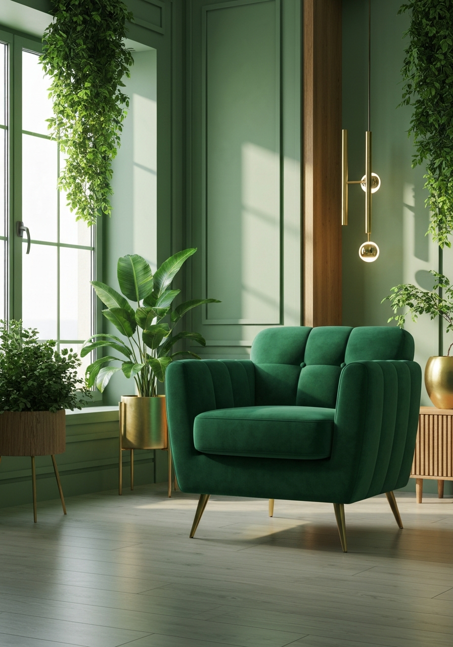 Green velvet armchair in a bright, serene interior with large windows, potted plants, and modern lighting, reflecting intentional design and home energetics.