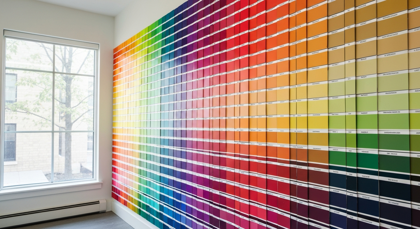 Color swatch display featuring a gradient of paint samples in various hues, emphasizing design choices for interior and exterior spaces, relevant to Andrea Nicole Design's color consultation services.