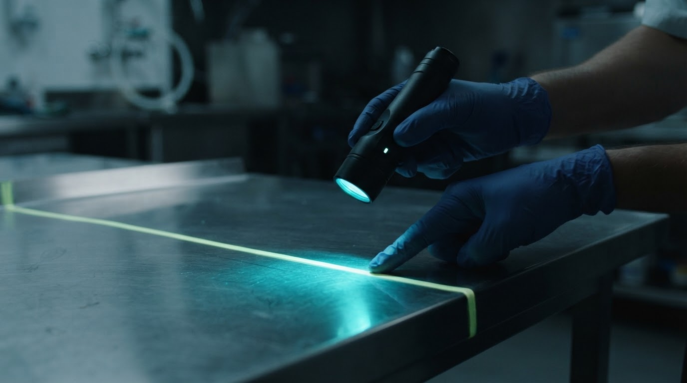 Fluorescent marker UV inspection lighting illuminating a marker trace on a cleaned commercial surface