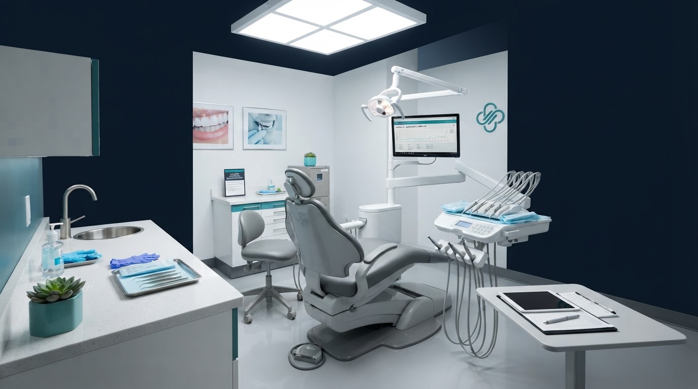 Modern clean dental exam room with clinical lighting and teal accents in a premium healthcare facility
