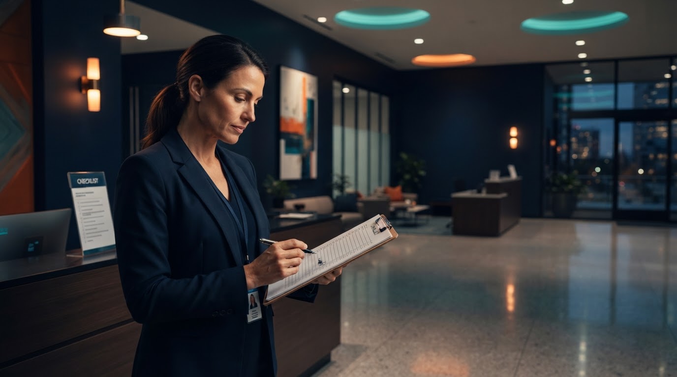 Facility manager reviewing a clipboard in a modern commercial lobby with orange and teal accent lighting