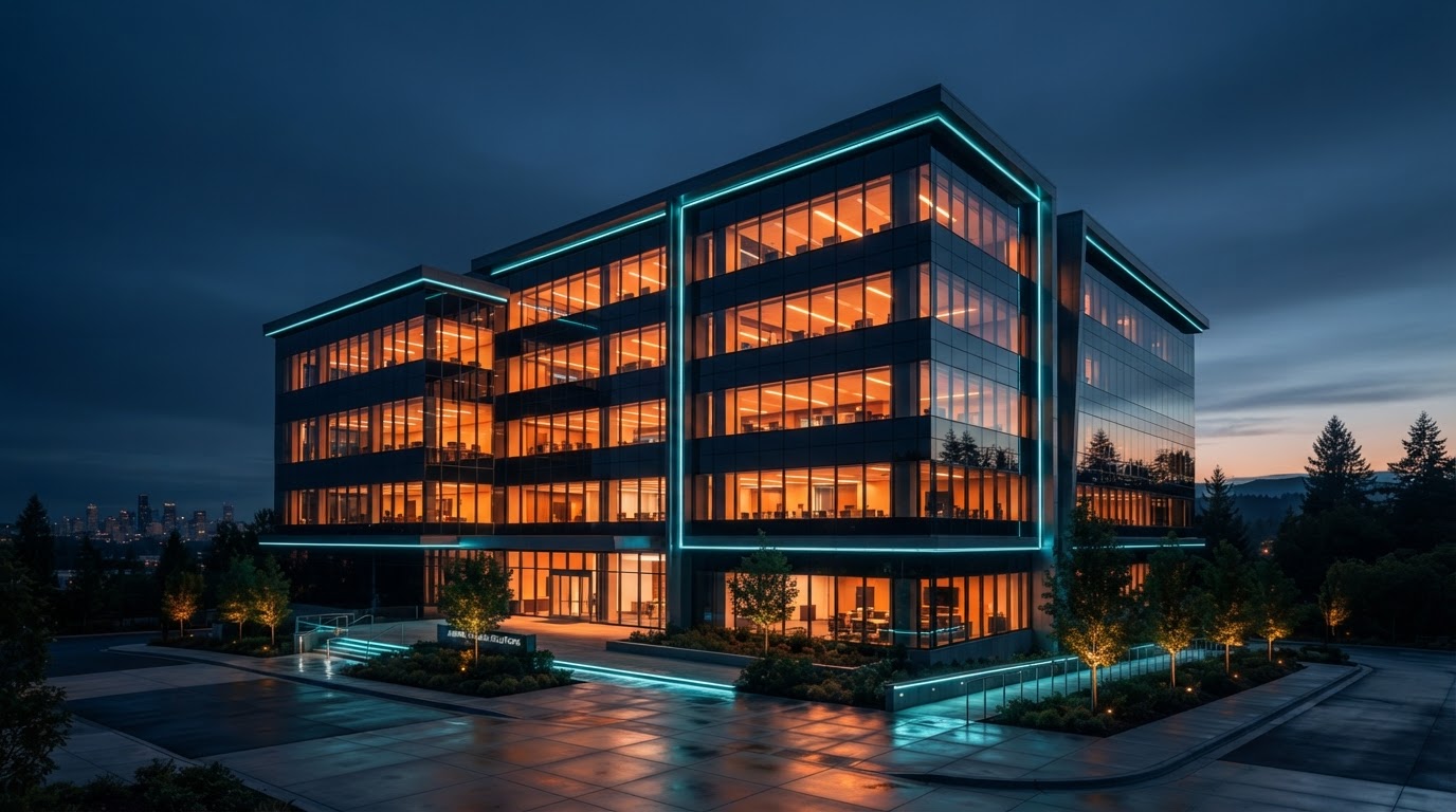 Modern commercial office building at dusk in Washington State with clean architectural lines