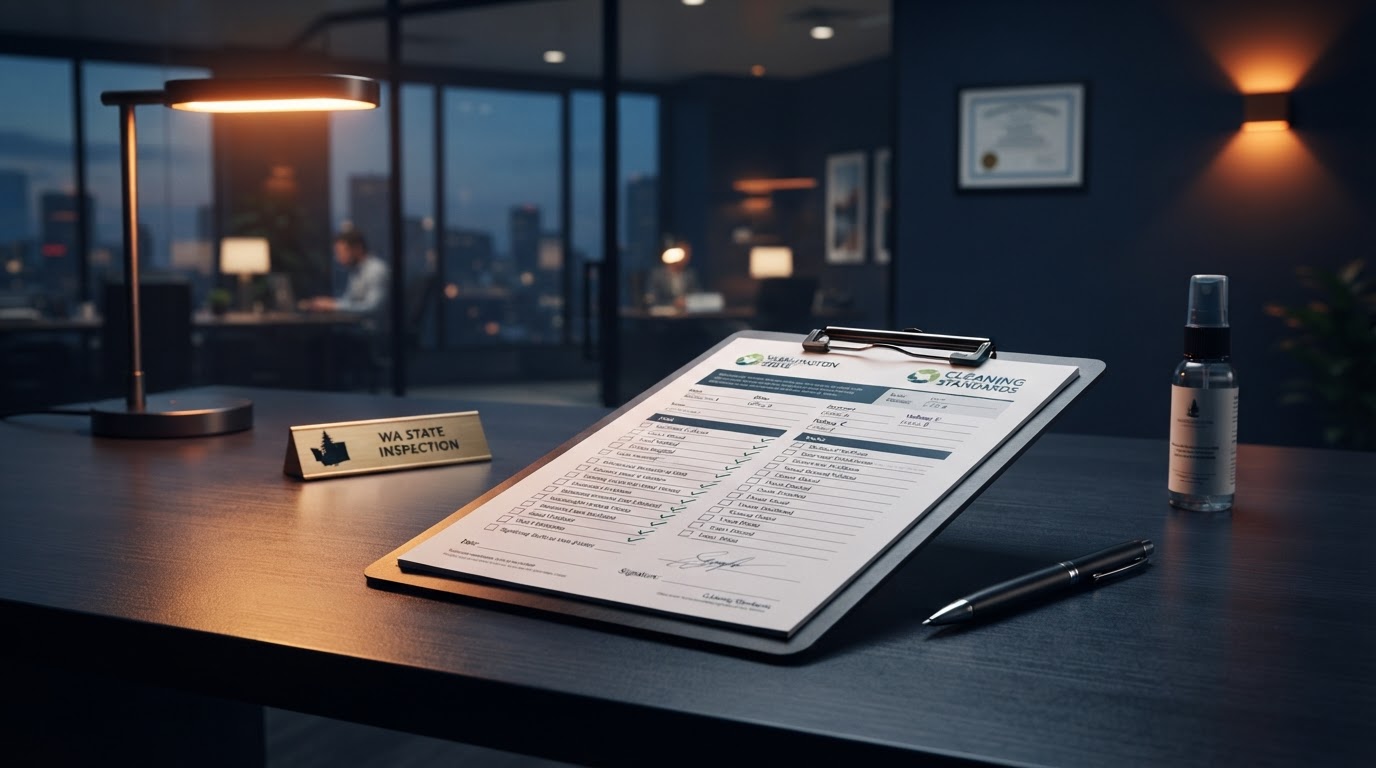 Clipboard and inspection checklist on a clean modern commercial desk with orange accent lighting