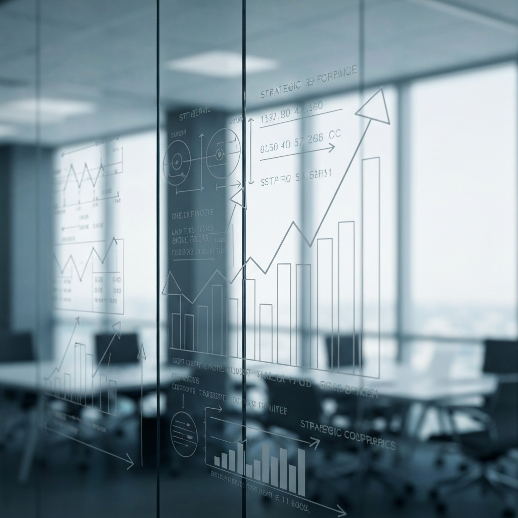 Glass wall with strategic financial diagrams and growth arrows