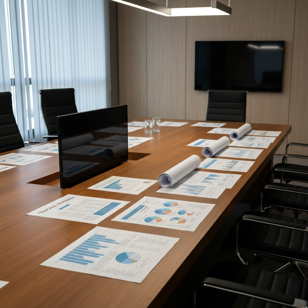 Modern corporate boardroom table with financial strategy documents