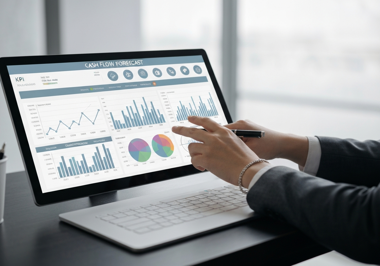 Fractional CFO pointing at KPI dashboard during strategic planning