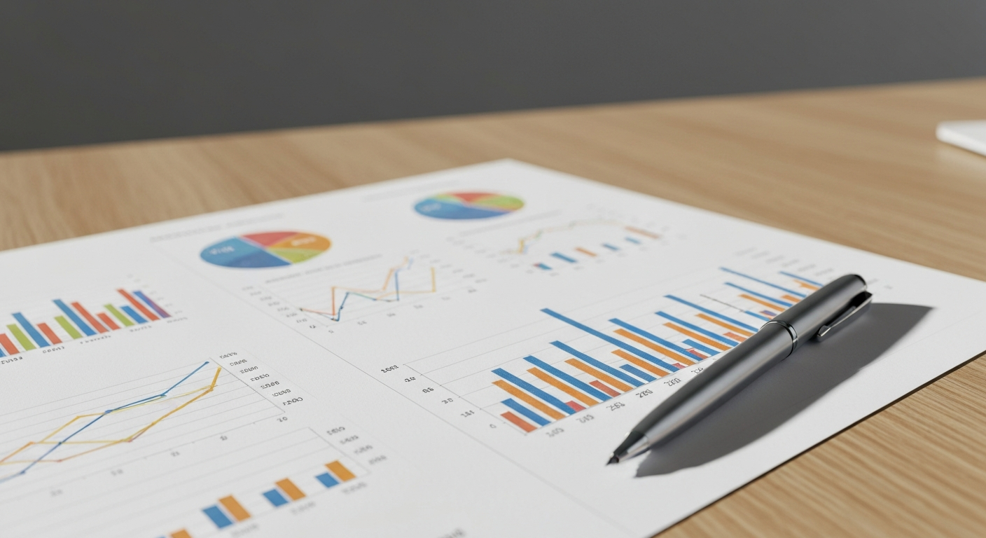 Printed financial charts and graphs on a desk