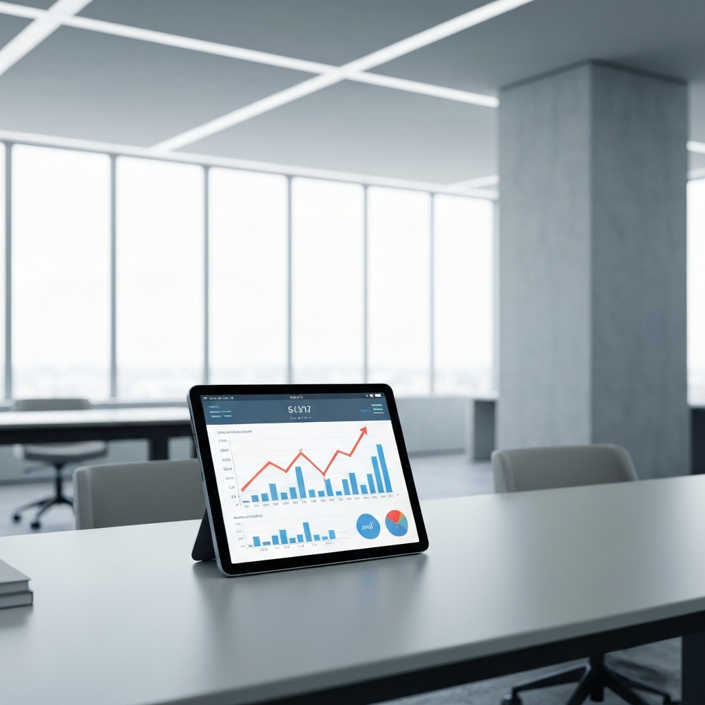 Minimalist high-end office setting with a focus on a modern digital tablet displaying upward trending financial graphs