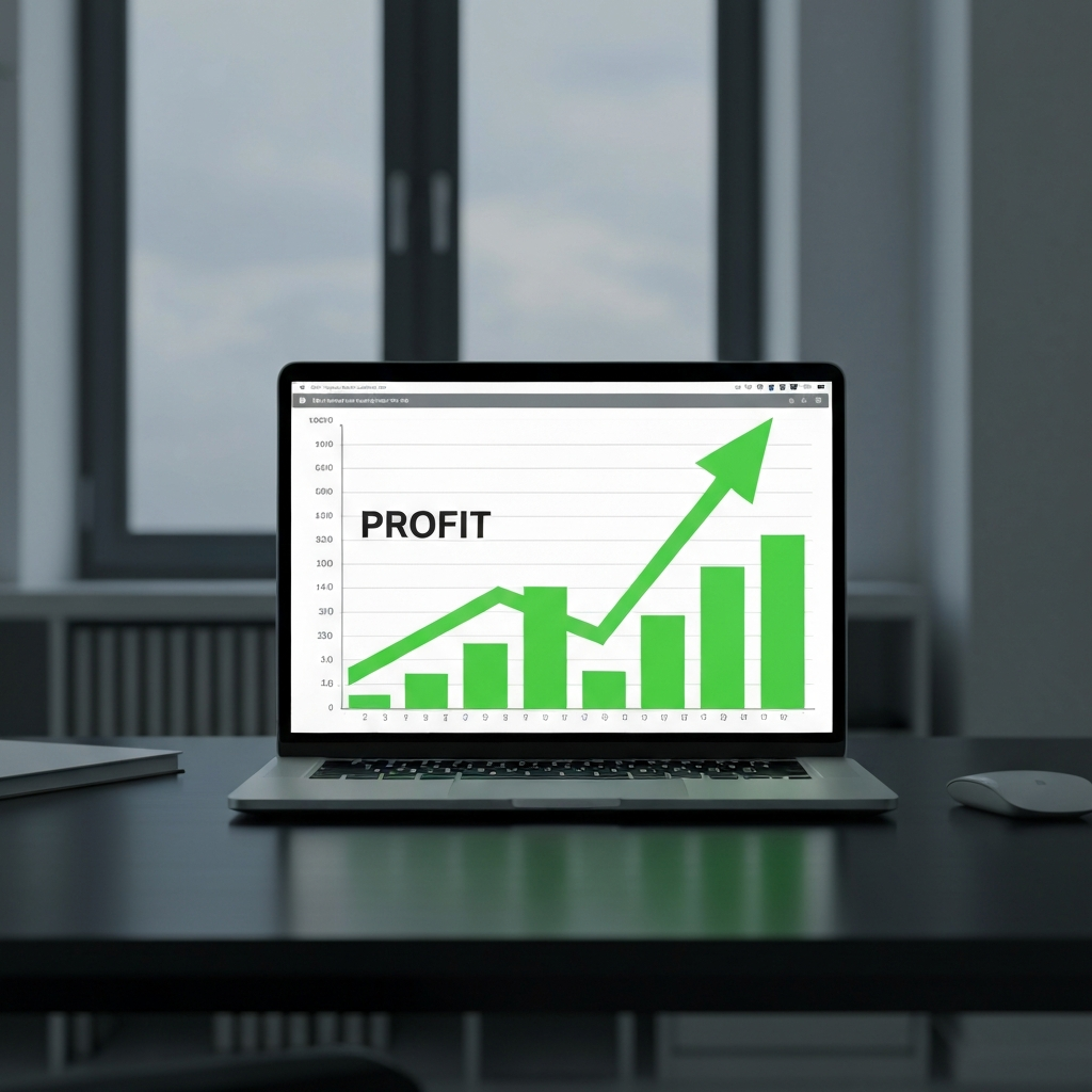 Glowing laptop screen displaying a green upward trending profit chart