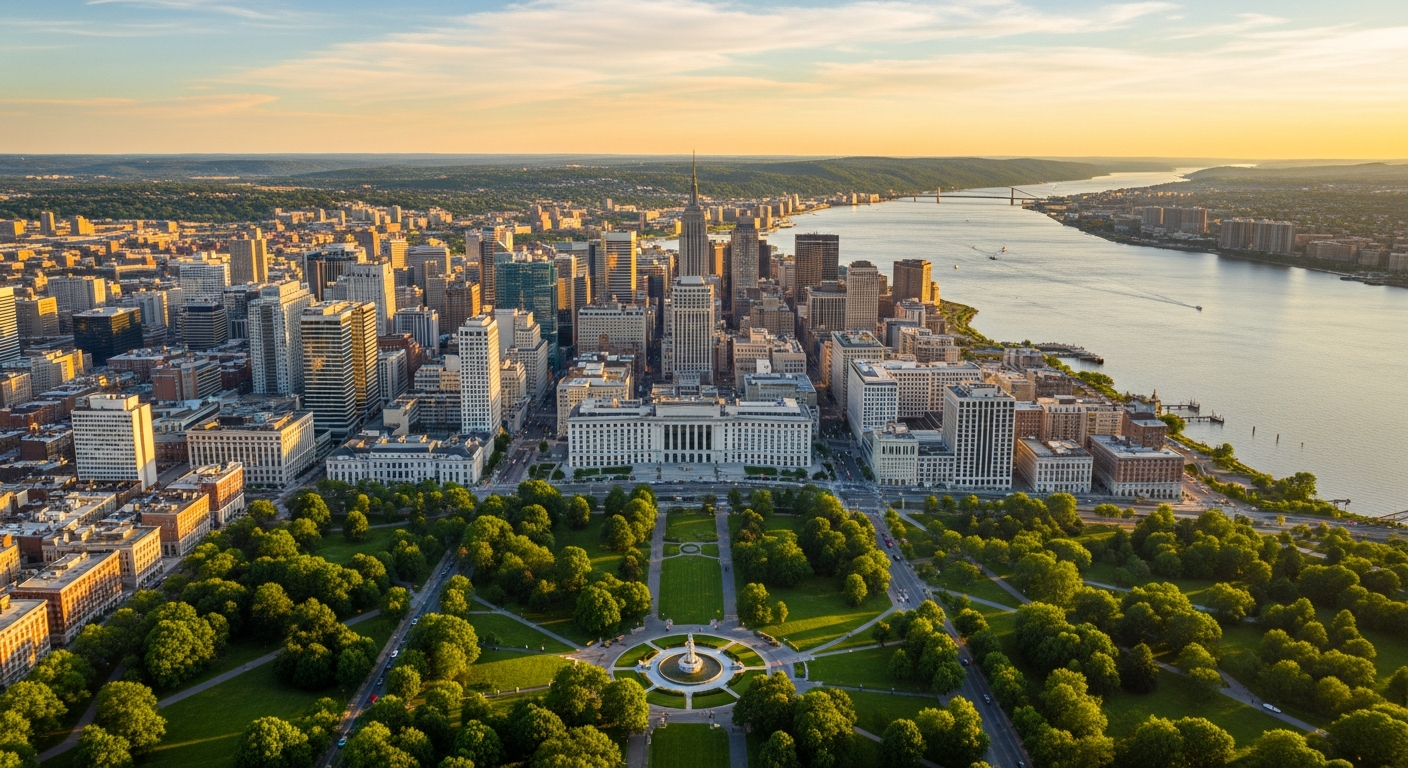 Aerial view of Albany NY skyline and Washington Park