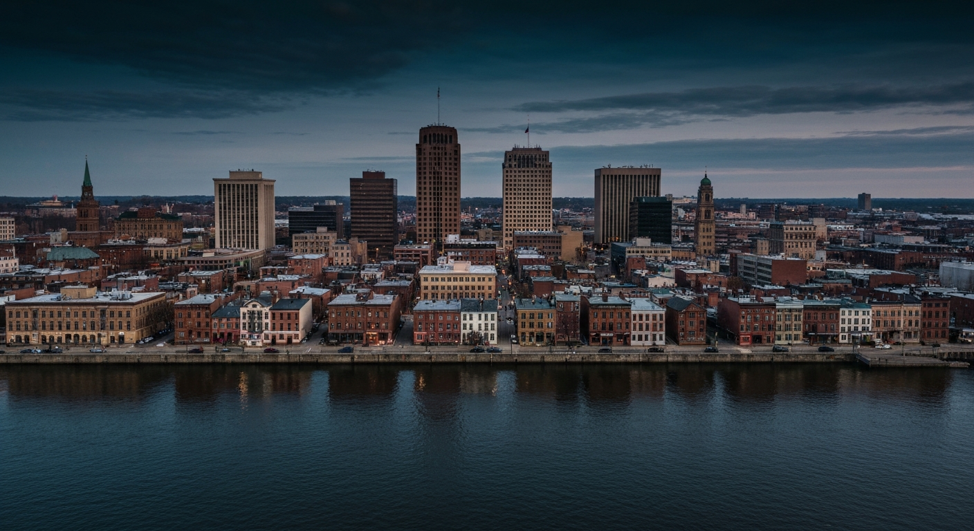 Aerial view of Troy NY skyline and historic brownstones along the Hudson River