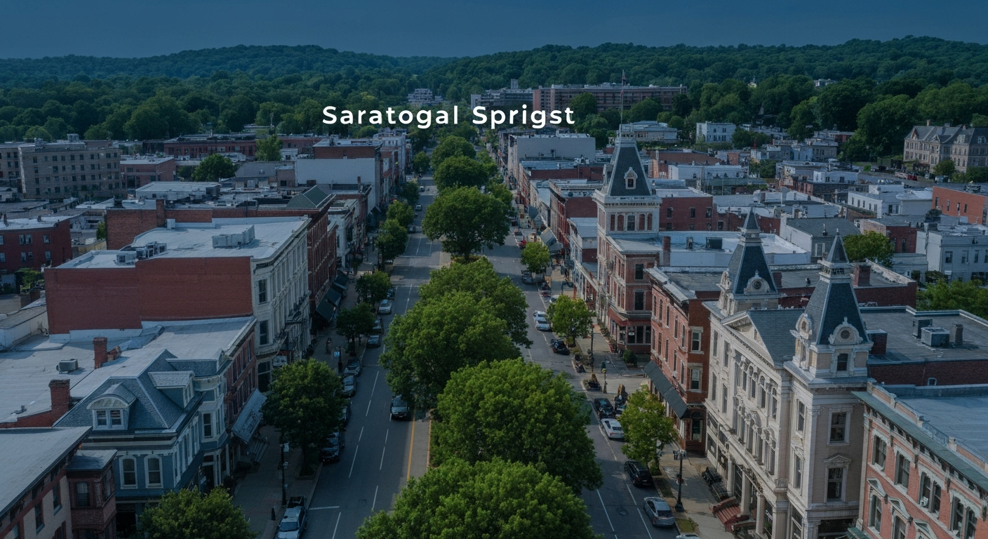 Aerial view of Saratoga Springs NY historic downtown Broadway district