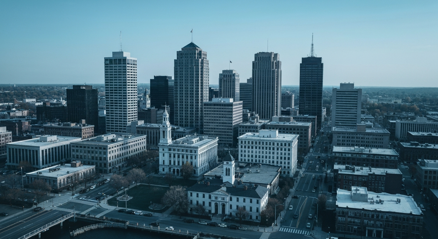 Aerial view of Schenectady NY skyline and historic Stockade district