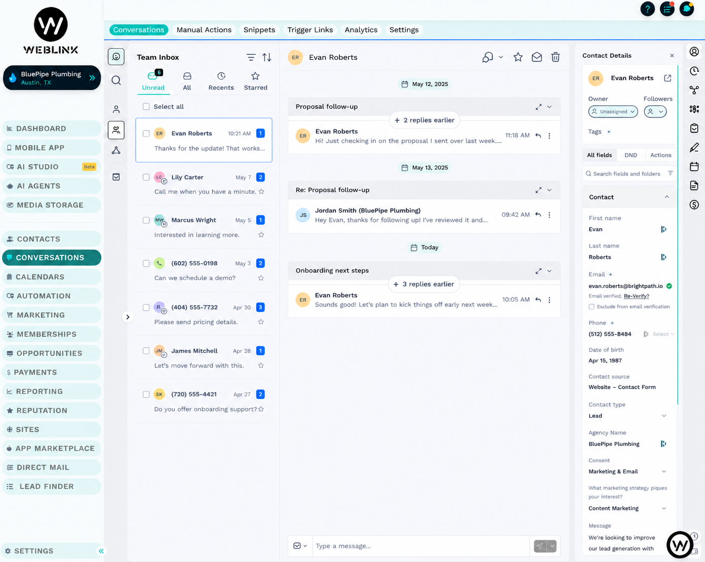 ReceptionOS Dashboard showing voice calls and texts