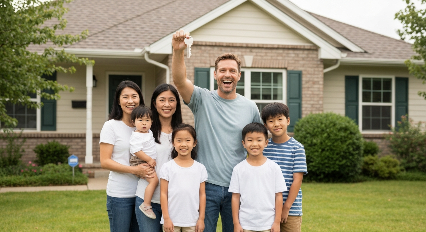 Family in front yard of their home with the dad holding a house key