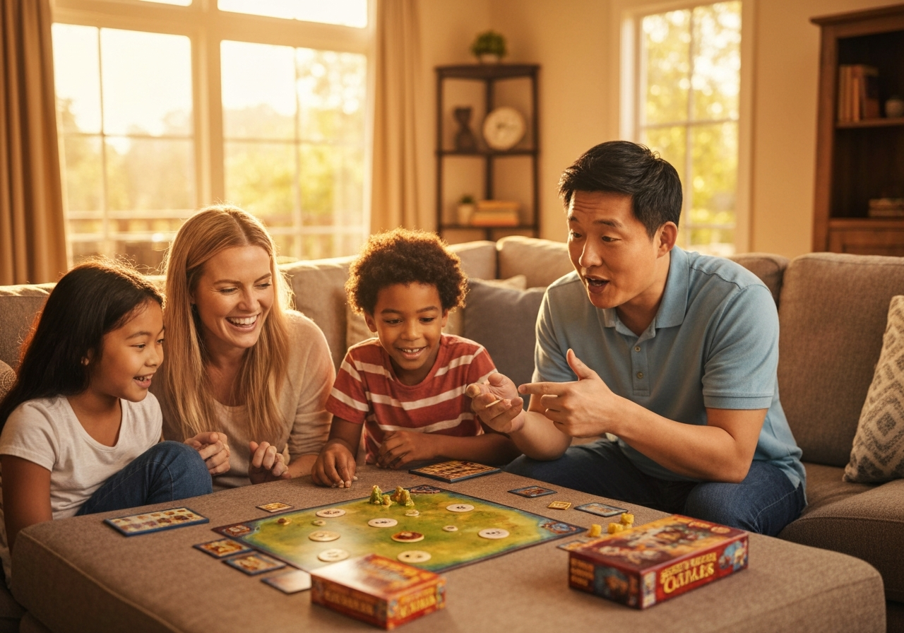 Family in living room playing games