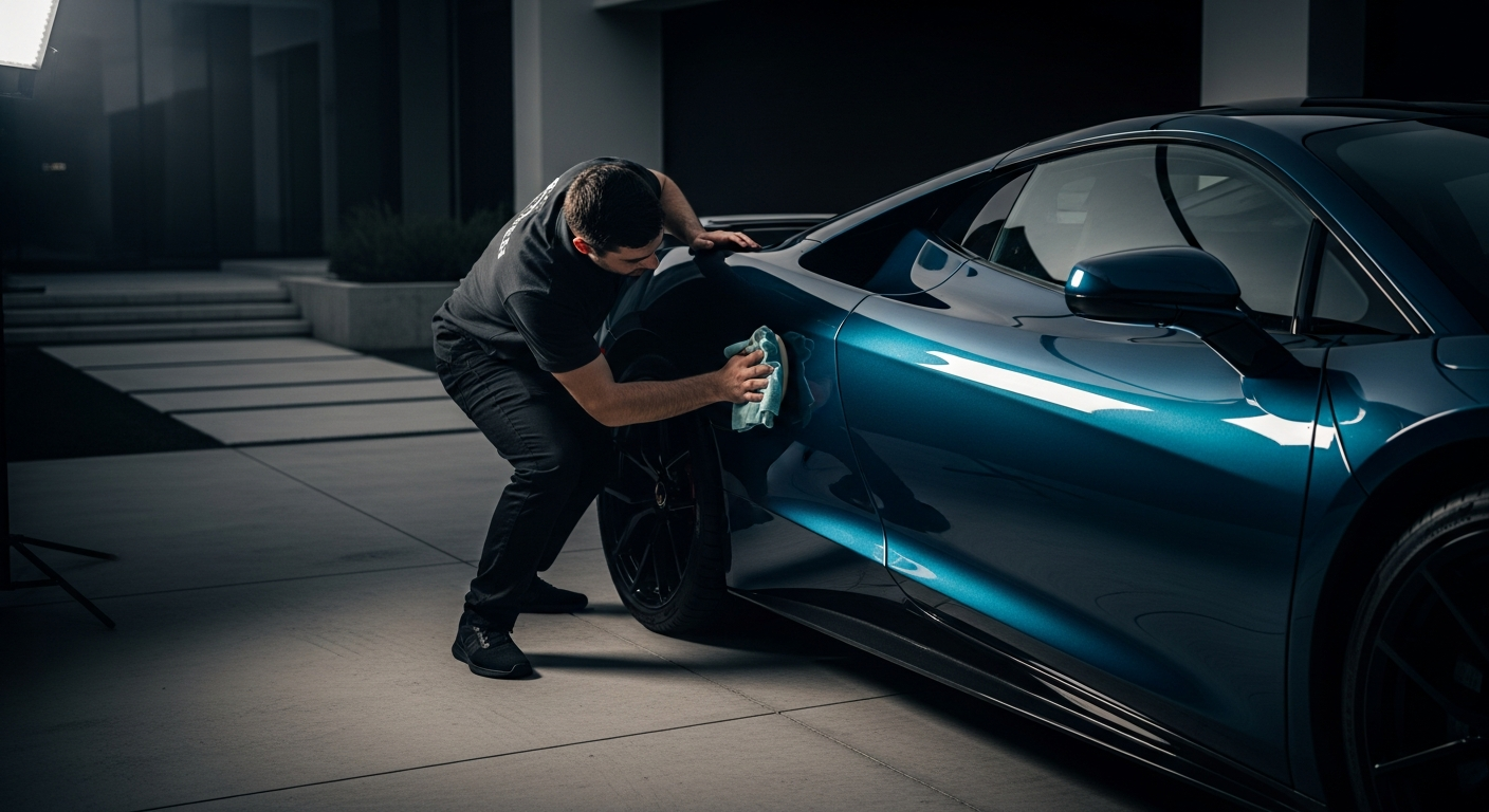 Professional mobile car detailing service applying ceramic coating to a luxury vehicle in Tampa, FL